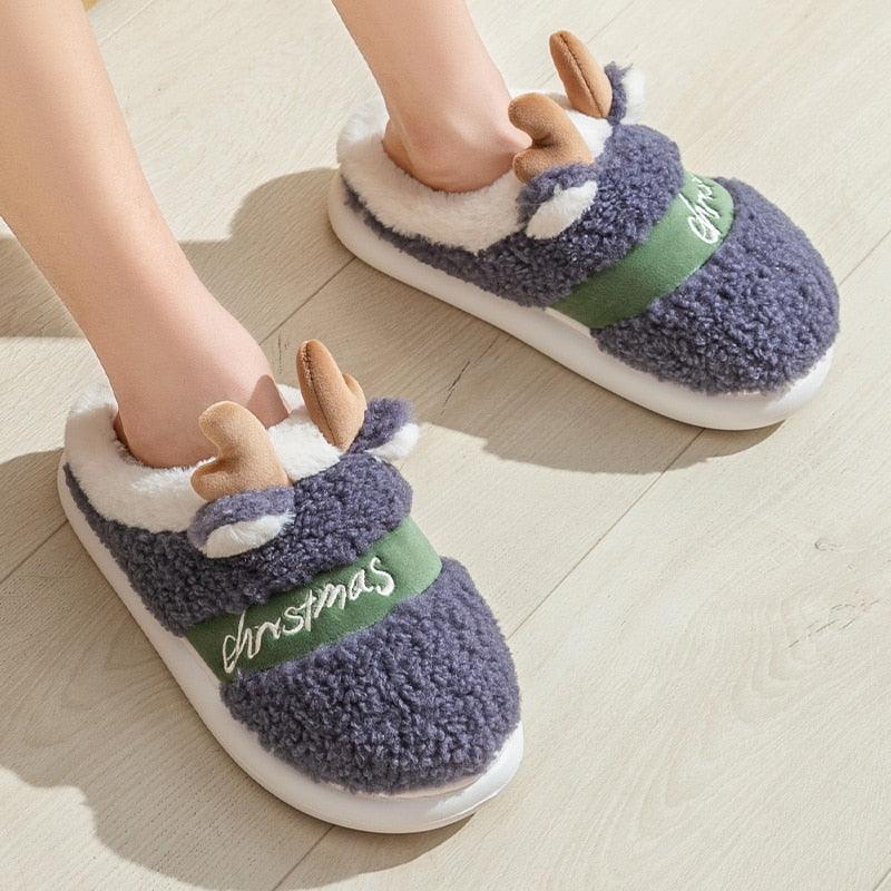 Christmas Reindeer Plush Slippers – Cozy Thick Sole Holiday House Shoes for Women & Men