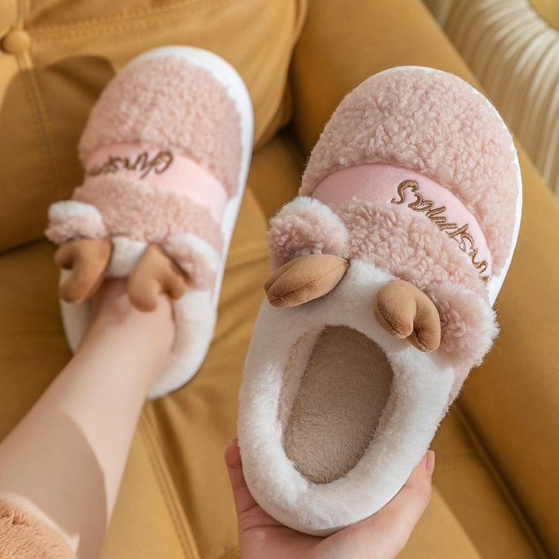 Christmas Reindeer Plush Slippers – Cozy Thick Sole Holiday House Shoes for Women & Men