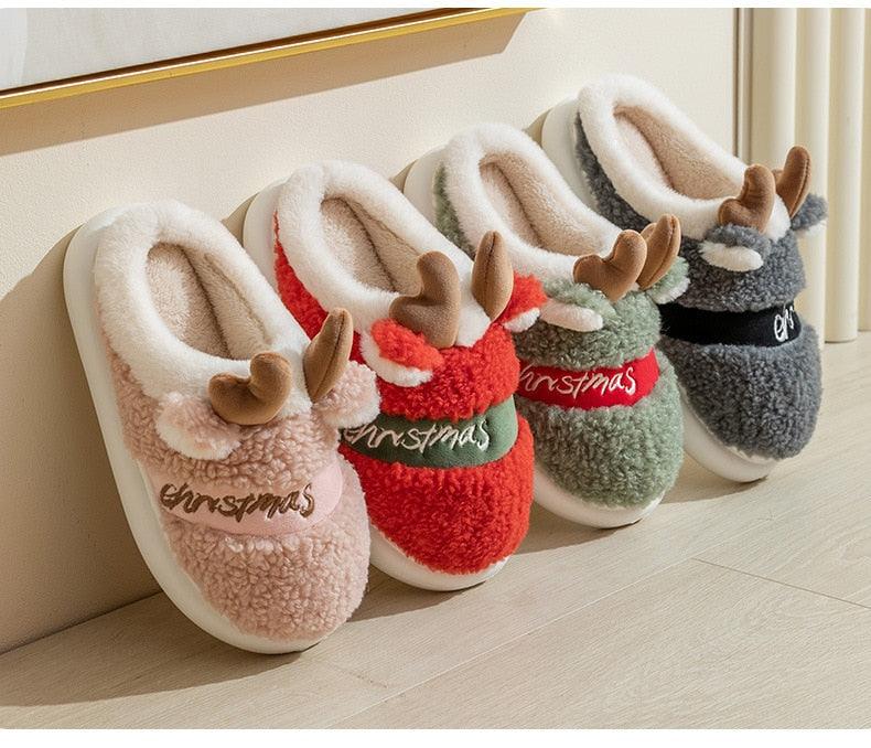Christmas Reindeer Plush Slippers – Cozy Thick Sole Holiday House Shoes for Women & Men