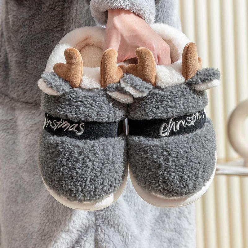 Christmas Reindeer Plush Slippers – Cozy Thick Sole Holiday House Shoes for Women & Men
