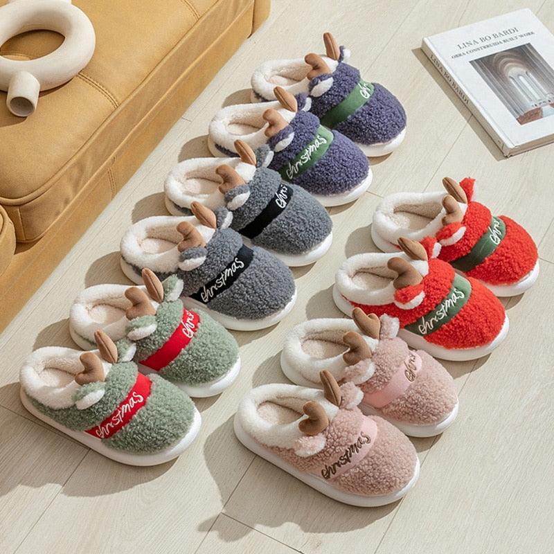 Christmas Reindeer Plush Slippers – Cozy Thick Sole Holiday House Shoes for Women & Men