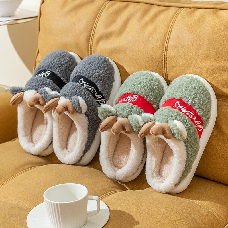 Christmas Reindeer Plush Slippers – Cozy Thick Sole Holiday House Shoes for Women & Men